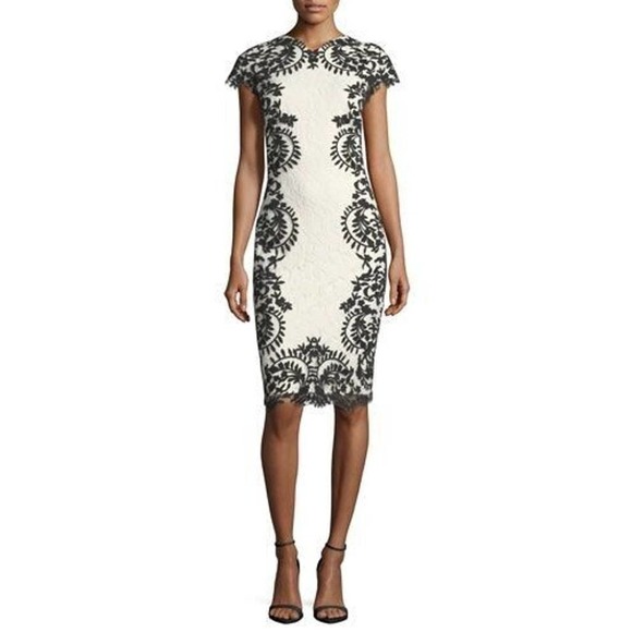 Tadashi Shoji Womens 4 Black White Lace Cap Sleeve Cocktail Party Sheath Dress - Picture 1 of 11